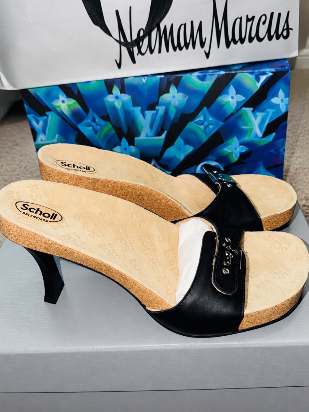 Balenciaga X Scholl Black Cork Mid-Heel Slide Mules